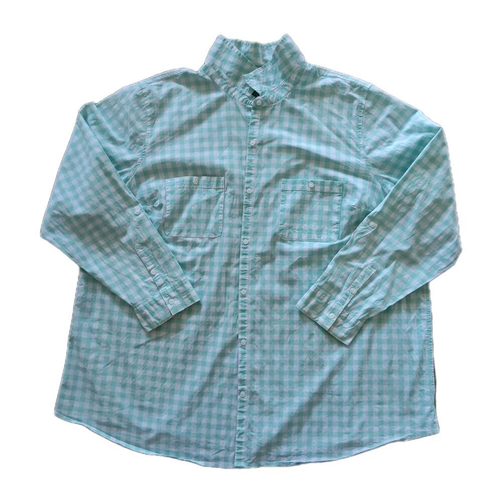 Croft & Barrow Top Womens 3X Green White Gingham Cotton Button Up Long Sleeve